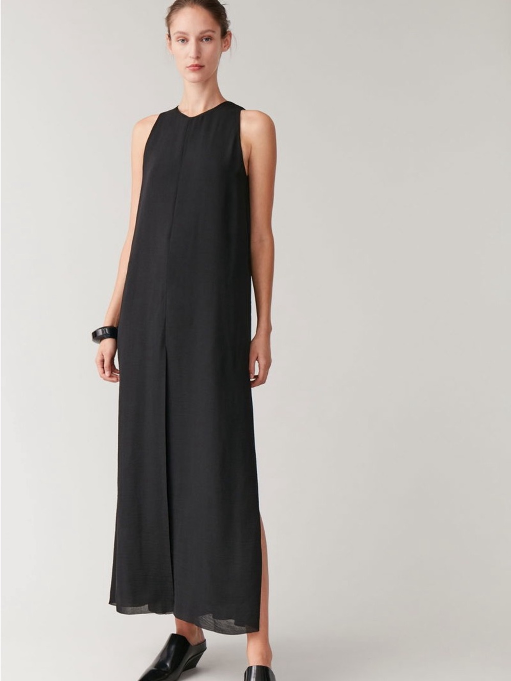 COS Navy Sleeveless Maxi Dress Raw Hem Sz 6/EUR 38 Minimalist Scandi Side Slits